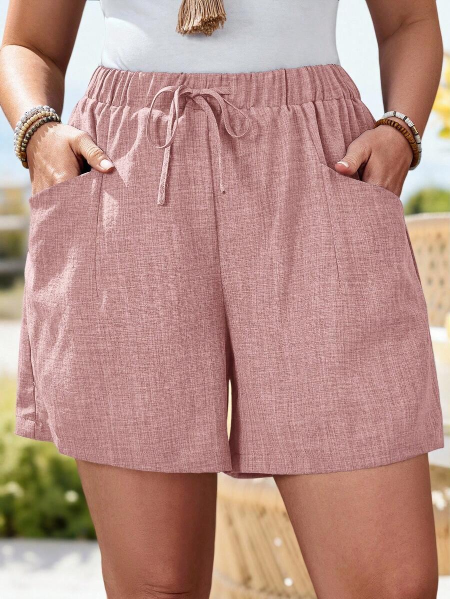 Rosumi Plus Size Women's Solid Color Pocket Pink  Shorts, Summer Vacation
