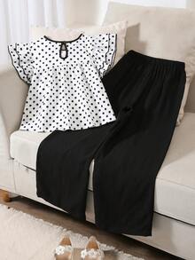 SHEIN Tween Girl Black Bow Flutter Sleeve T-Shirt Set, Vacation, Outdoor, Back To School, Fall - White - View 3