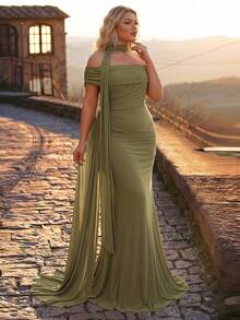 Glamrae Plus Size Olive Green Spring Elegant Formal Prom Wedding Chiffon Off-Shoulder Shaping Fish Bone Fish Tail Pleated Side Drape Multi-Wear Halter Dress - Green - View 10