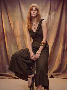 Fembélia Women's Solid Color Patchwork Ruffle Wide Leg Sleeveless Jumpsuit - Brown - View 4