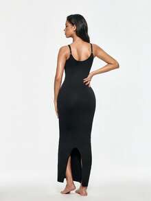 SHAPORA Plus Size Women's Solid Color Casual Daily Wear Bodycon Spaghetti Strap Dress - Black - View 3