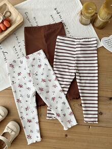 SHEIN Vintaside Kids 女嬰 3 件組春夏/秋冬長褲套裝，花卉數位印花 + 條紋數位印花 + 素色，3 件休閒簡約可愛長褲，適合戶外活動與休閒穿著 - 彩色 - 查看 2