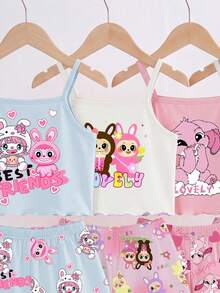 [Randomly Sent 1 Set]Tween Girls Pajamas Summer New Fashion Cute Cartoon Rabbit Pattern Printed Knit Ruffle Trim Camisole Top With All-Over Print Shorts 2-Piece Set 1Sets (Randomly Sent) - White - View 3