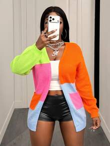 SHEIN BamGlam Damen-Cardigan-Pullover mit asymmetrischen Taschen, geripptem Saum, mehrfarbigem kontrastierendem V-Ausschnitt, langem lockeren lässigen Herbst-/Winter-Oberbekleidung - Verschiedenfarbig - Übersicht 5