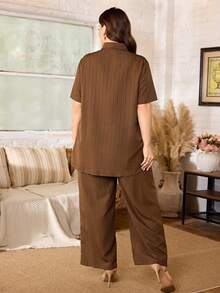 Lacomfia Minimalist Casual Solid Color Short Sleeve Hem Lace Trim Regular Fit Plus Size Shirt And Solid Color Elastic Waist Wide Leg Pants Spring/Summer Plus Size 2-Piece Set - Brown - View 2