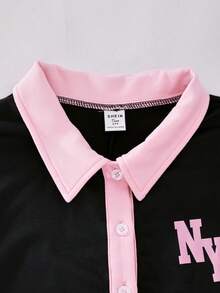 Teen Girls Long Sleeve Polo Pink Black Collar Romper,Back-To-School,Cute,Vacation, 1pc Only Spring - Black - View 5