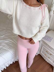 Autumina Women's Casual Cute Romantic Versatile Lace-Up Sweater Everyday Date White And Pink Autumn - White - View 3