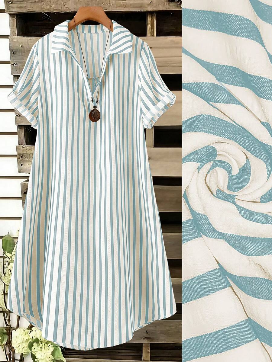 SHEIN Tall CURVE 大尺碼女款法式休閒夏季短袖V領長版洋裝 - 天藍色 - 查看 1