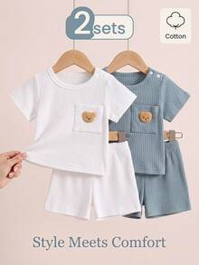SHEIN طقم تي شيرت بأكمام قصيرة وشورت صيفي عادي بطبعة دب مطرزة للبنات الصغار - متعدد الألوان - مشاهدة 10