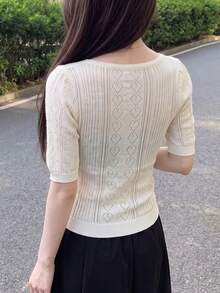 DAZY Women's Summer Short Sleeve Cardigan Knit Top - White - View 2
