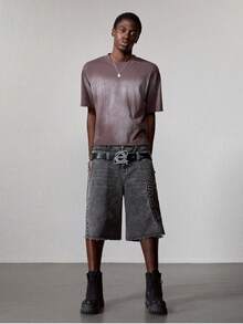 ROMWE MEN Street Life Men's Denim Shorts, Vintage Washed Black Gray Embossed Letter Design, Double Waistband Raw Hem Loose Wide Leg Denim Bermuda Pants, Loose Straight Leg Hip-Hop Street Style Distressed Denim Mid-Length Shorts - Grey - View 8