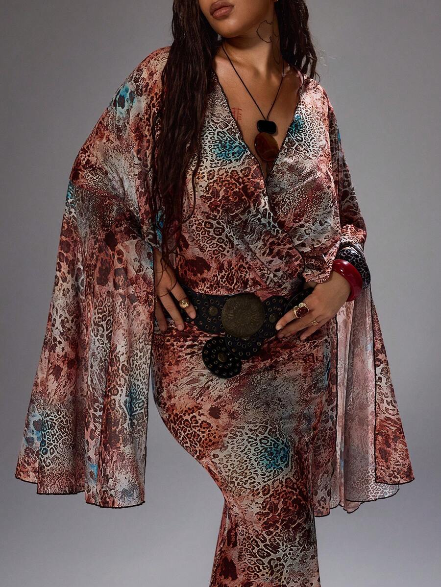 Rustia Vintage Sexy V-Neck Y2K Street Style Leopard Print Batwing Sleeve Hot Girl Personalized Vacation Style Elegant Plus Size Women's Dress Fall