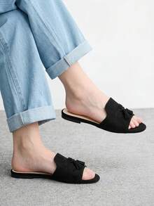 CUCCOO BIZCHIC 女款麂皮質感經典平底拖鞋，舒適百搭，適合夏季通勤與辦公穿著 - 黑色6 - 查看 6