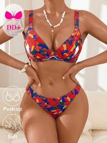 Swim DD+ 2026 Women's Spring/Summer Beach Vacation Elegant Tropical Romantic Sexy Floral Print Bikini Set, Push-Up Underwire Support, Removable Cups, Yellow - Multicolor - View 3