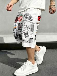 Manfinity EMRG Pantalones holgados de hombre con cordón, con estampado grande de flores y eslogan, estilo de ropa de calle de moda, diseño INS, esencial para primavera/verano - Gris - Ver 1