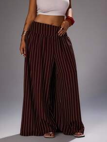 Rustia Plus Size Casual Striped Wide Leg Pants Fall - Brown - View 4