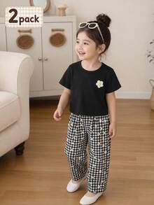 Genkimix Kids 2件組女童小女孩雛菊花卉格紋短袖寬腿軟綿套裝，黑色上衣與長褲，夏季休閒度假穿著 - 黑色 - 查看 10