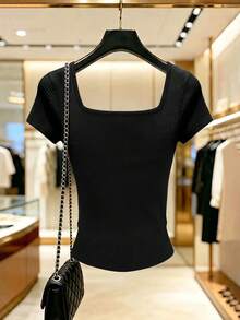 GlowEve Ribbed Square Neck Metal Buckle Commuter Style Elegant Slim Fit Short Sleeve Women's Sweater Brunch Black Autumn - Black - View 2