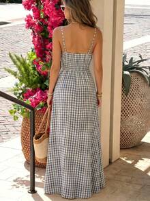 SHEIN PariChic Sommerliches blau-weißes Gingham-Kleid mit Spaghettiträgern, hoher Taille und Schlitz, französischer Retro-Stil Strandmaxi-Kleid - Blau - Übersicht 2