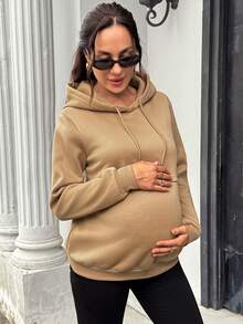 SHEIN Maternity Solid Color Long Sleeve Casual Drawstring Hooded Nursing Sweatshirt Winter - Camel - View 5