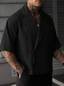Manfinity Homme 男士大尺碼夏季休閒條紋襯衫 - 黑色 - 查看 3
