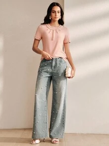 Anewsta 女士优雅休闲奢华水钻装饰T恤，适合通勤穿着 - 粉色 - 查看 7
