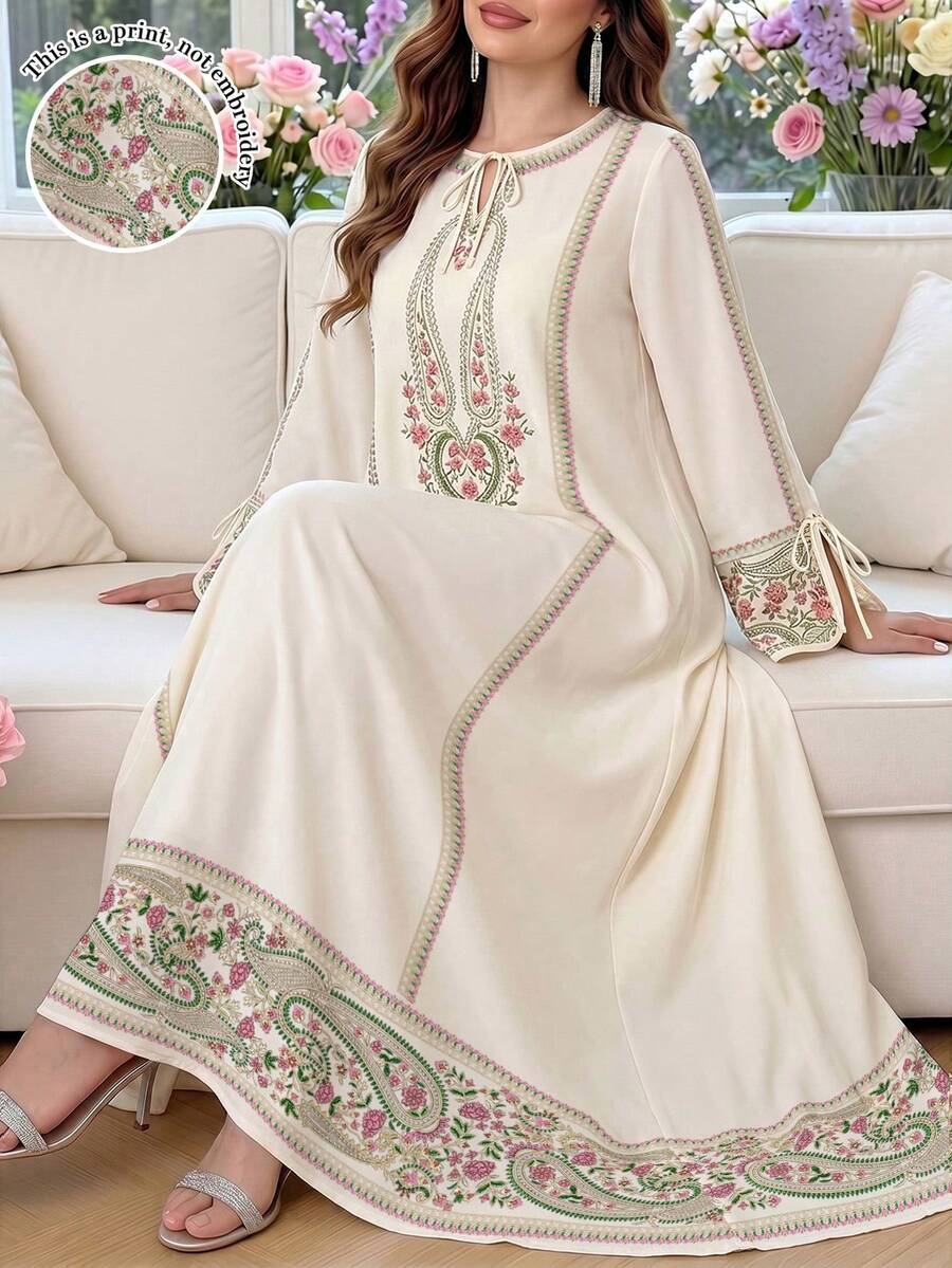 SHEIN Najma 大尺碼女款圓領長袖阿拉伯風洋裝 - 彩色 - 查看 1