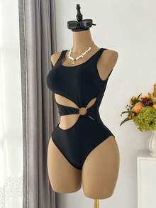 SHEIN Swim Women's Waist Hollow-Out Floral One-Piece - Black - View 6