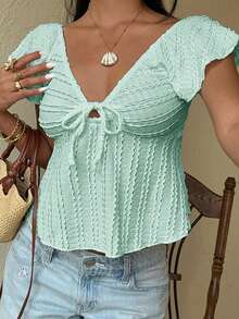 Serisse 女款純色前綁帶荷葉邊短袖休閒T恤 - 藍色 - 查看 6