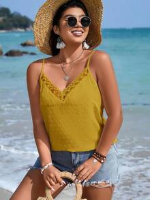 SHEIN LUNE CURVE Plus Size Women's Lace Trim Casual Versatile Everyday Outing Camisole Top - Yellow - View 4