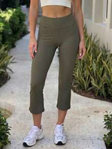 Fluxe Legging Olahraga Wanita Warna Polos Sederhana untuk Sehari-hari, Cocok untuk Pakaian Bandara - Hijau Tentara - View 2