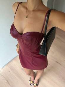Aloruh Women's Spaghetti Strap Sweetheart Neckline Fitted Burgundy PU Mini Dress - Burgundy - View 5