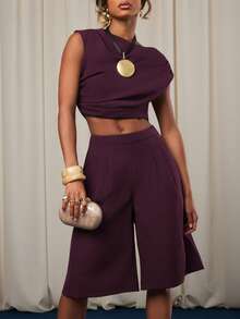 NYA SZN Matching Set Top And Short Sleeveless Loose Bubble Hem Cropped Pant High Waisted Rise Pocket Detail Purple Satin Outfits For Women - Purple - View 3