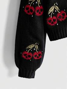ROMWE Dark Gothic Cherry Skull Embroidery Contrast Color Short Loose Knit Cardigan - Black - View 4