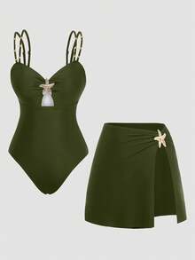 Swim Oasis Maillot de bain une pièce élégant grande taille pour femmes, vacances d'été à la plage, ensemble maillot de bain 2 pièces élégant pour femmes avec décoration perlée, bretelles doubles, contrôle du ventre, maillot de bain une pièce amincissant + jupe fendue polyvalente, maillot de bain marron, maillot de bain étoile de mer pour les vacances - Militaire verte - Voir 1