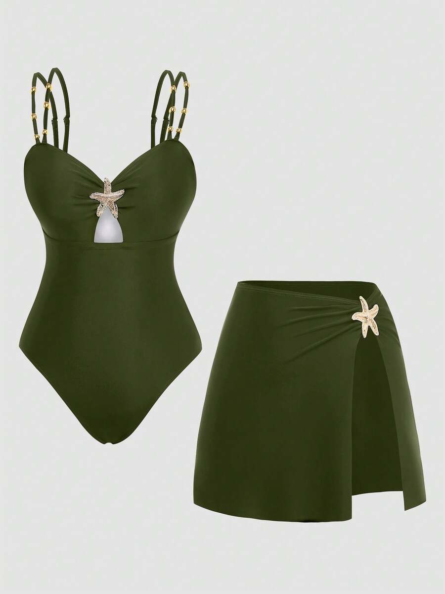 Swim Oasis Maillot de bain une pièce élégant grande taille pour femmes, vacances d'été à la plage, ensemble maillot de bain 2 pièces élégant pour femmes avec décoration perlée, bretelles doubles, contrôle du ventre, maillot de bain une pièce amincissant + jupe fendue polyvalente, maillot de bain marron, maillot de bain étoile de mer pour les vacances - Militaire verte - Voir 1