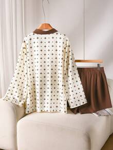 CosyJoli 大尺碼休閒通勤全印花襯衫短褲兩件套 - 咖啡棕 - 查看 2