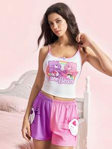 SHEIN X Care Bears 女款字母卡通印花細肩帶上衣與短褲休閒居家睡衣套裝 - 白色 - 查看 6