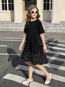 SHEIN 兒童青少年女孩春夏度假休閒針織波點蝴蝶結裝飾短袖寬鬆A字洋裝，黑色洋裝，日常出遊、返校適用 - 黑色 - 查看 1