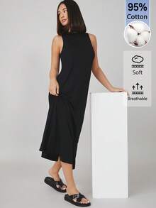 SHEIN BASICS 女款純色極簡側開衩圓領洋裝 - 黑色 - 查看 3
