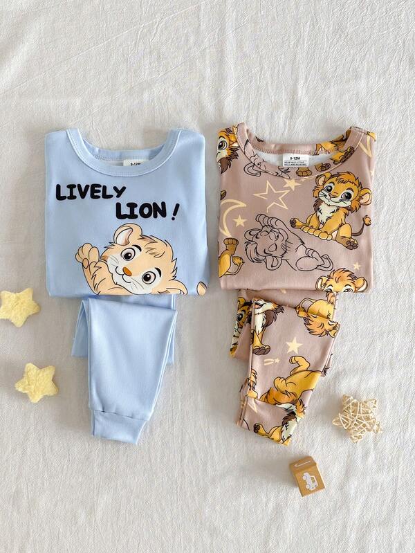 SHEIN Conjunto de 4 piezas para bebé niño, estampado de león de dibujos animados lindo, ropa de casa casual y cómoda, top de manga larga y pantalones, ropa de estar en casa ajustada