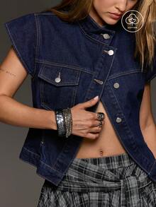 BAD SUNDAY Atasan Denim Wanita Pas Badan dengan Lengan Pendek Asimetris dan Lengan Bergelombang Kecil, Serbaguna untuk Perjalanan Jalanan, Gaya Retro Y2K, Biru Tua, Musim Panas - Biru - View 1