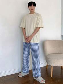 DAZY 男士夏季字母印花T恤與格紋長褲睡衣套裝 - 彩色 - 查看 3