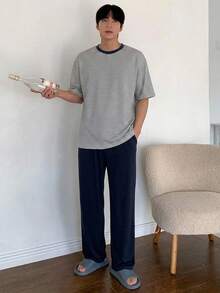 DAZY 夏季條紋T恤與純色長褲男士居家休閒套裝 - 彩色 - 查看 1