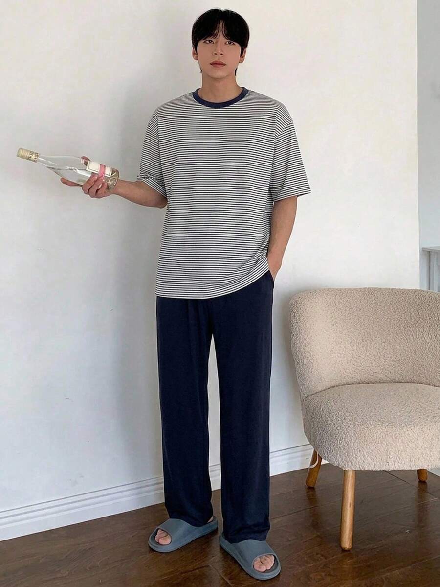 DAZY 夏季條紋T恤與純色長褲男士居家休閒套裝 - 彩色 - 查看 1
