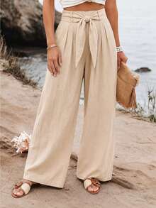 SHEIN Holidaya Women's Solid Color Pleated Casual Versatile Daily Wear Pants Vacation Beige Autumn - Apricot - View 5