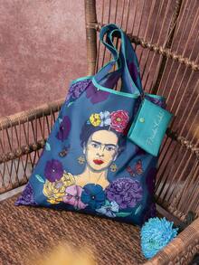 Frida Kahlo X SHEIN 1件優雅花卉與人物印花聚酯纖維可折疊購物袋，附小收納袋與珠鏈掛飾托特包，藝術家墨西哥風格 Frida - 藍綠色 - 查看 2