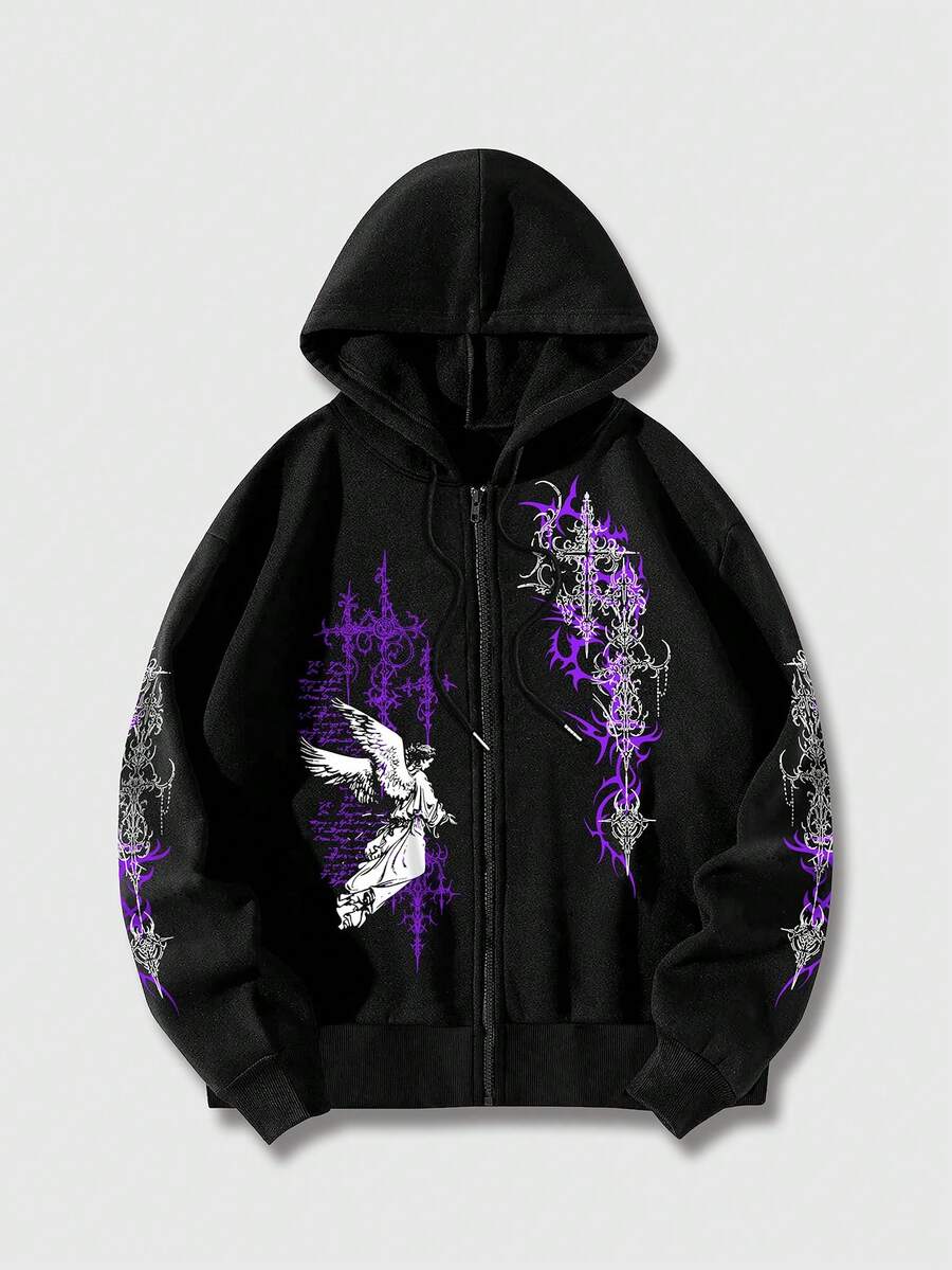ROMWE MEN Goth Men's Cross Print Long Sleeve Zip-Up Hooded Sweatshirt With Drawstring - Black - View 1