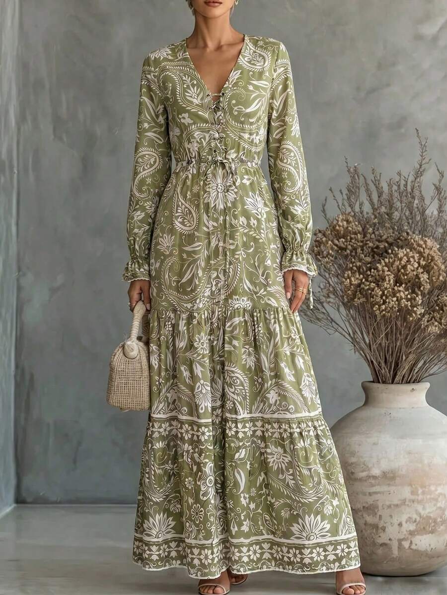 SHEIN Holidaya Front Lace Up Long Sleeve Pleated All-Over Print Maxi Casual Dress For New Year Clothes - Green - View 1
