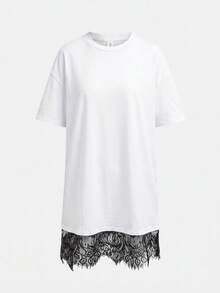SHEIN 青少年女孩春/夏新款流行時尚休閒白色純色針織蕾絲拼接T恤洋裝 - 黑與白 - 查看 6